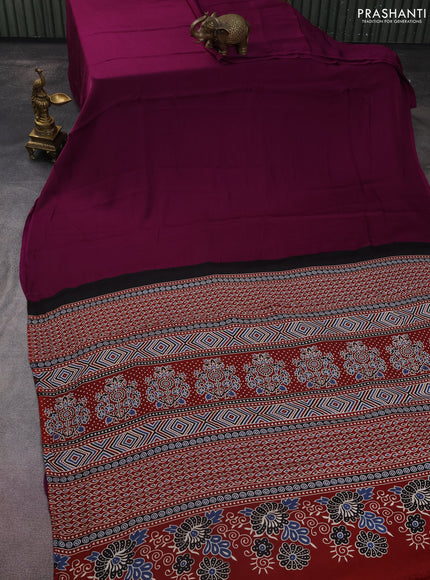 Modal silk saree purple and maroon with plain body and ajrakh printed pallu & blouse