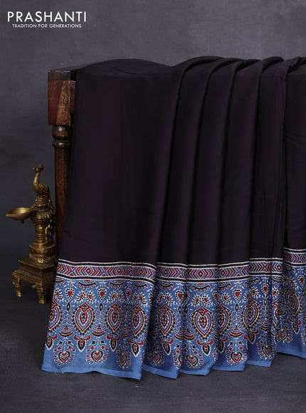 Modal silk saree black and blue with plain body and ajrakh printed border & pallu