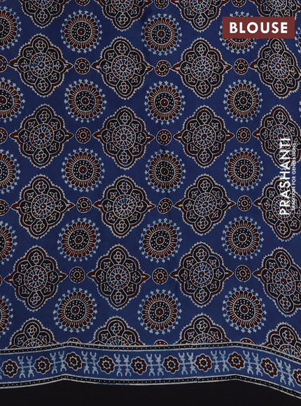 Modal silk saree black and blue with plain body and ajrakh printed border & pallu