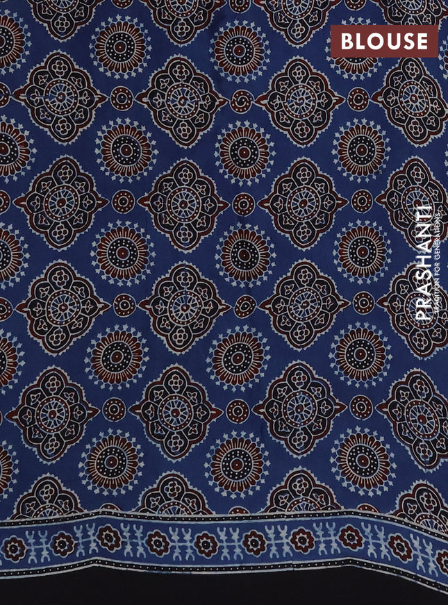 Modal silk saree black and blue with plain body and ajrakh printed border & pallu