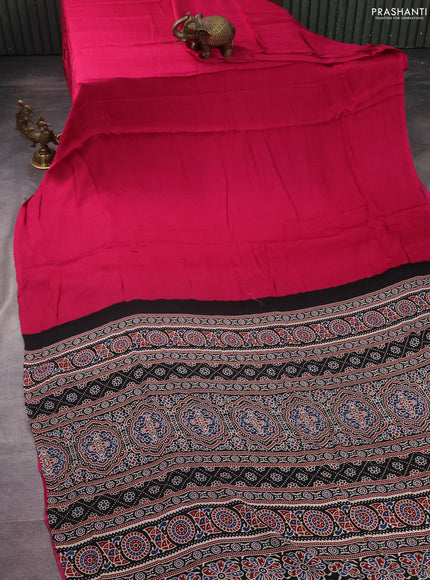 Modal silk saree pink and black with plain body and ajrakh printed pallu & blouse