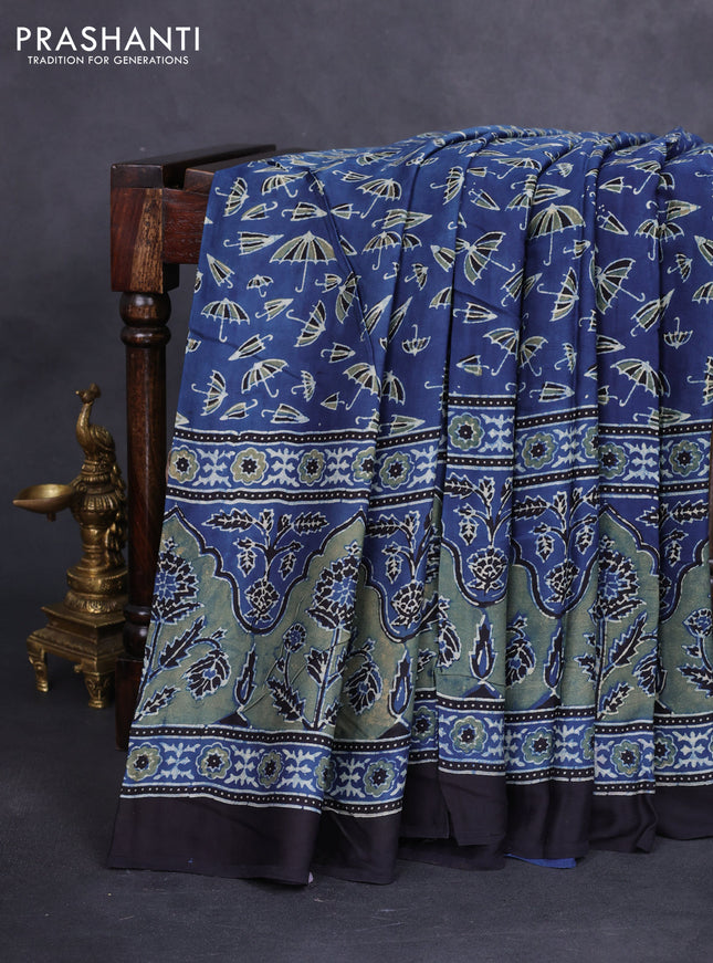 Modal silk saree blue and black with allover ajrakh prints and printed border