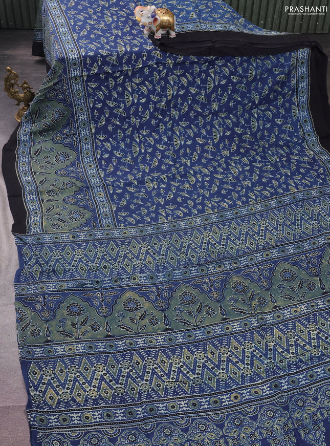 Modal silk saree blue and black with allover ajrakh prints and printed border