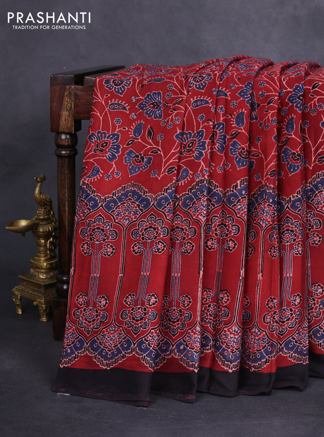 Modal silk saree maroon and black with allover ajrakh prints and printed border