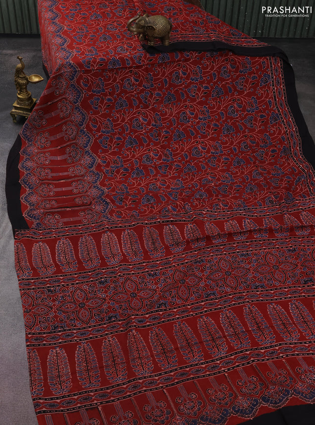 Modal silk saree maroon and black with allover ajrakh prints and printed border