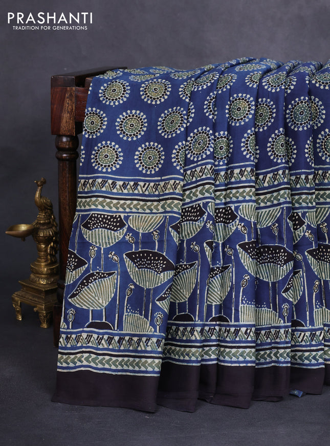 Modal silk saree blue and black with allover ajrakh prints and printed border