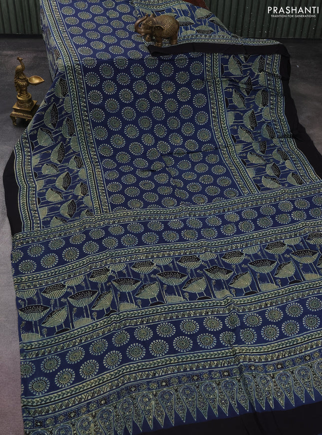 Modal silk saree blue and black with allover ajrakh prints and printed border