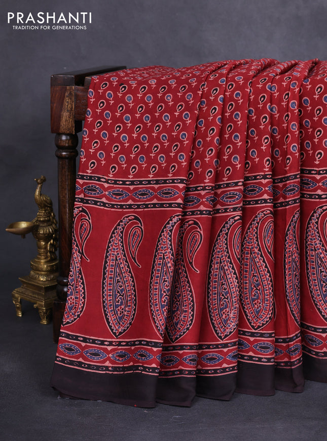 Modal silk saree maroon and black with allover ajrakh prints and printed border