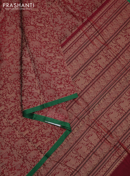 Kanchi cotton saree maroon and green with allover vanasingaram weaves and simple border