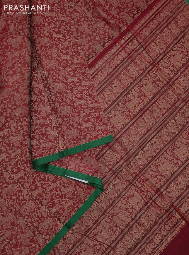 Kanchi cotton saree maroon and green with allover vanasingaram weaves and simple border