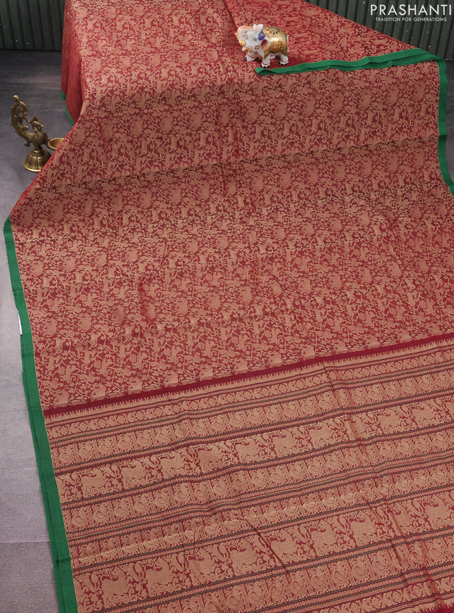 Kanchi cotton saree maroon and green with allover vanasingaram weaves and simple border