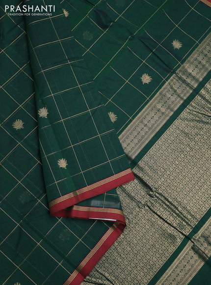 Kanchi cotton saree green and maroon with allover zari checked pattern & buttas and zari woven simple border