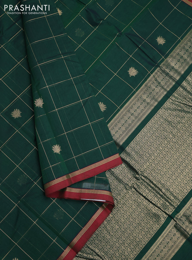 Kanchi cotton saree green and maroon with allover zari checked pattern & buttas and zari woven simple border