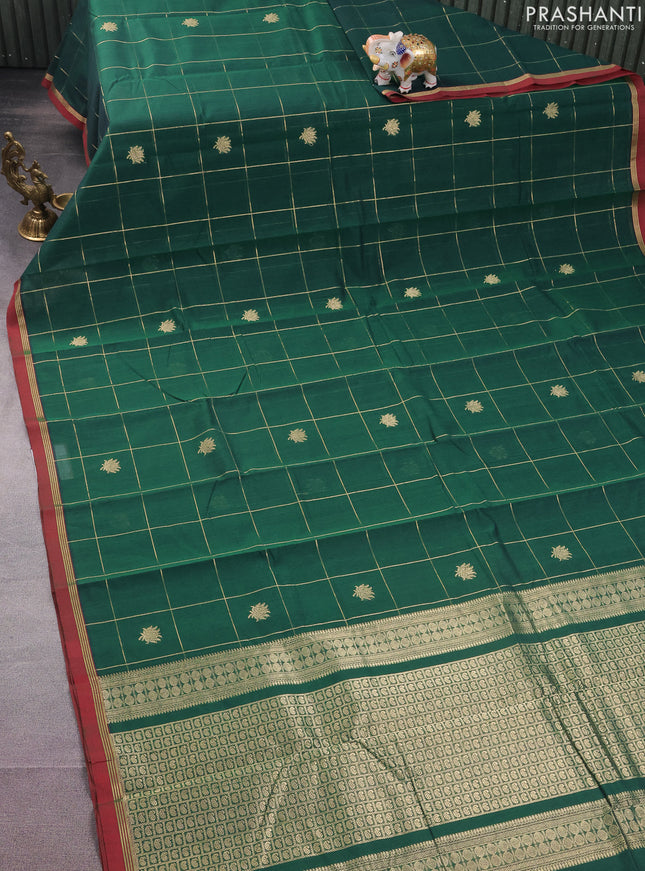 Kanchi cotton saree green and maroon with allover zari checked pattern & buttas and zari woven simple border
