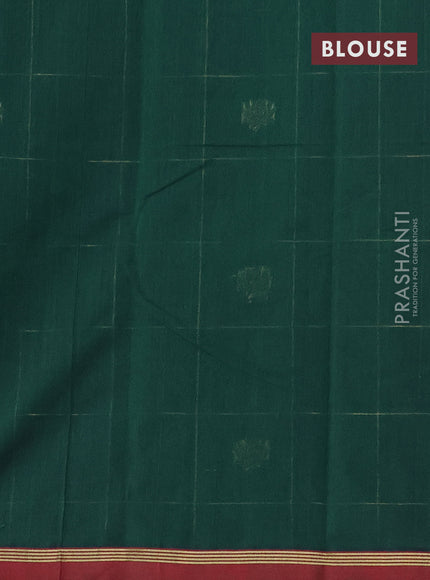 Kanchi cotton saree green and maroon with allover zari checked pattern & buttas and zari woven simple border