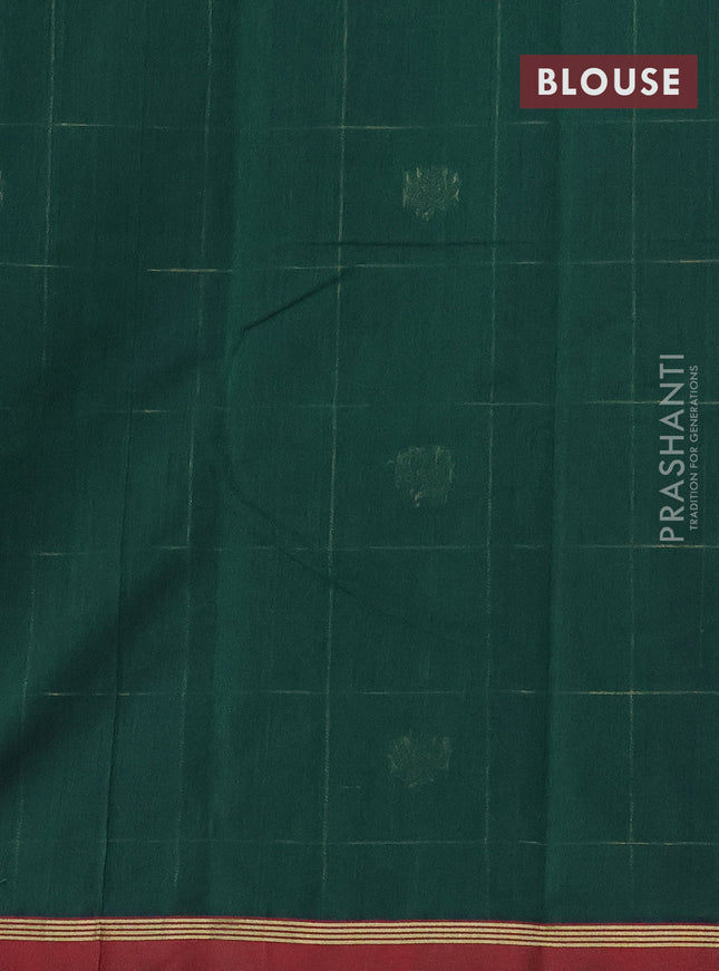 Kanchi cotton saree green and maroon with allover zari checked pattern & buttas and zari woven simple border