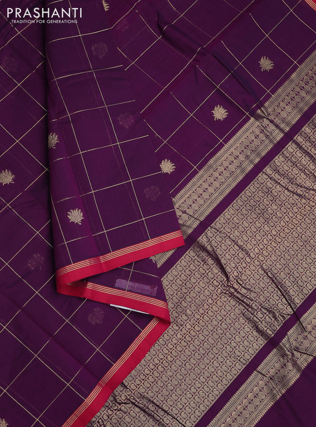 Kanchi cotton saree purple and pink with allover zari checked pattern & buttas and zari woven simple border