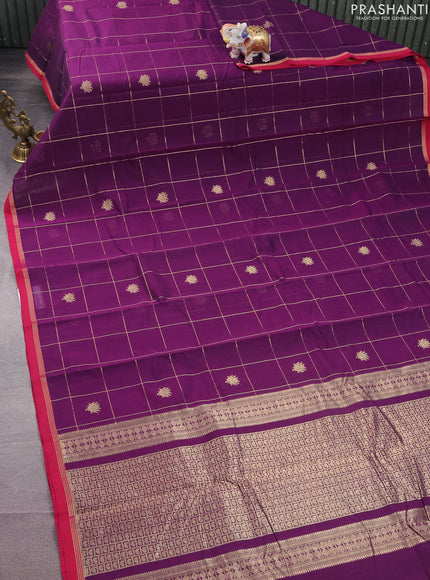 Kanchi cotton saree purple and pink with allover zari checked pattern & buttas and zari woven simple border