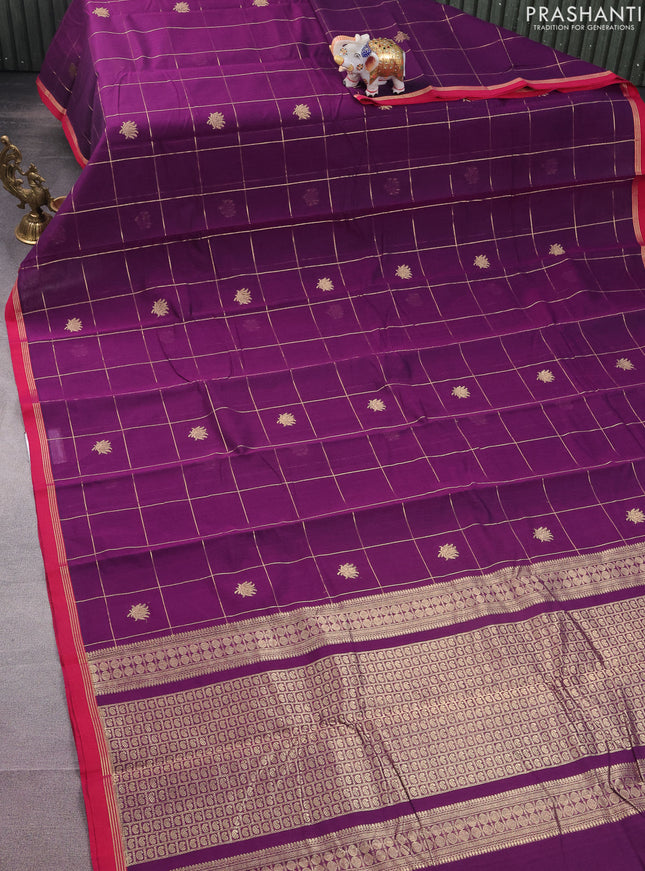 Kanchi cotton saree purple and pink with allover zari checked pattern & buttas and zari woven simple border