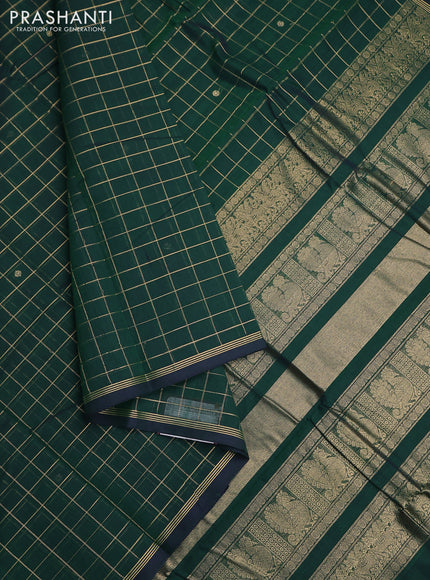 Kanchi cotton saree green with allover zari checked pattern & buttas and zari woven border