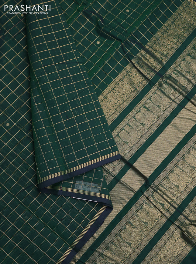 Kanchi cotton saree green with allover zari checked pattern & buttas and zari woven border