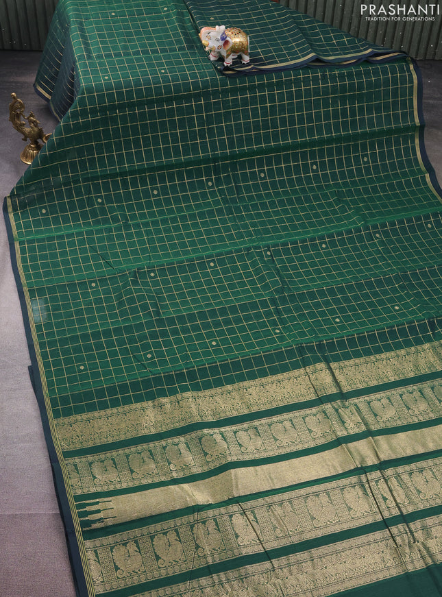 Kanchi cotton saree green with allover zari checked pattern & buttas and zari woven border
