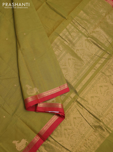 Kanchi cotton saree light green and red with zari woven buttas and zari woven border