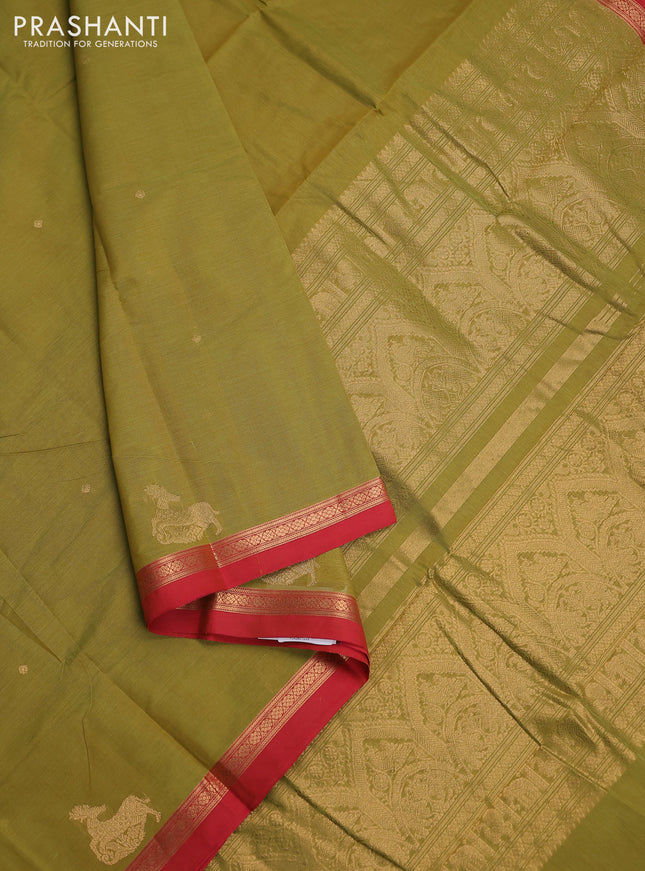 Kanchi cotton saree light green and red with zari woven buttas and zari woven border