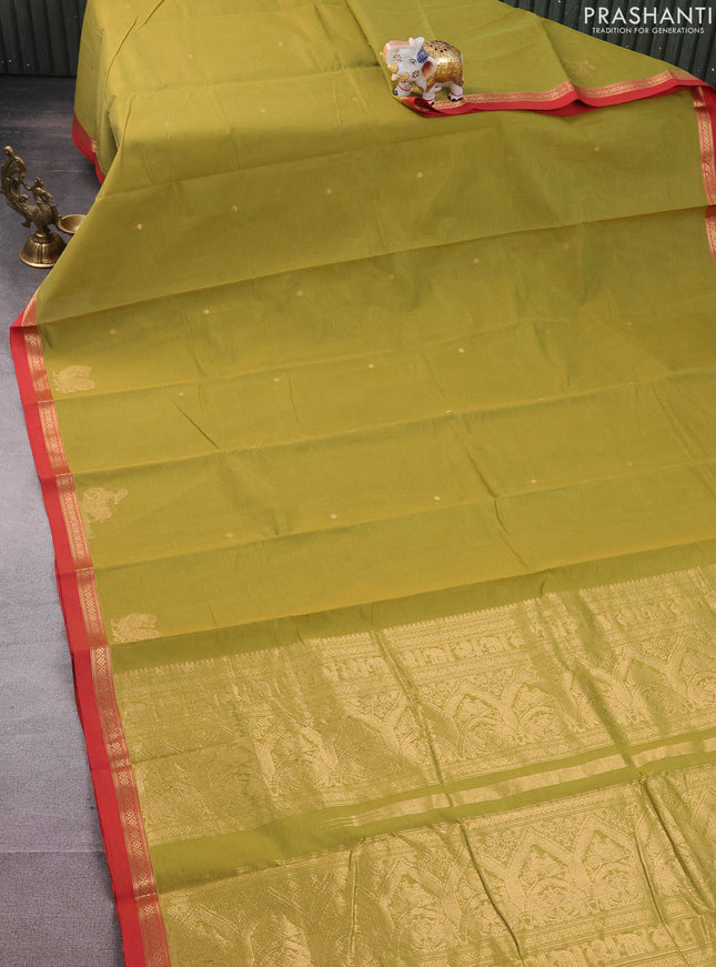 Kanchi cotton saree light green and red with zari woven buttas and zari woven border