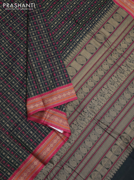 Kanchi cotton saree dark green and magenta pink with allover thread checked pattern & buttas and thread woven border