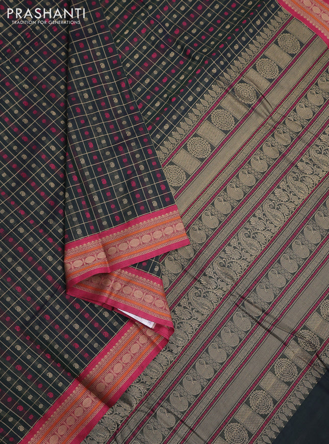 Kanchi cotton saree dark green and magenta pink with allover thread checked pattern & buttas and thread woven border