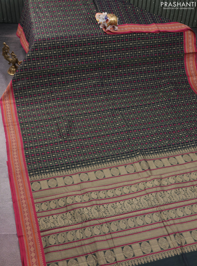 Kanchi cotton saree dark green and magenta pink with allover thread checked pattern & buttas and thread woven border