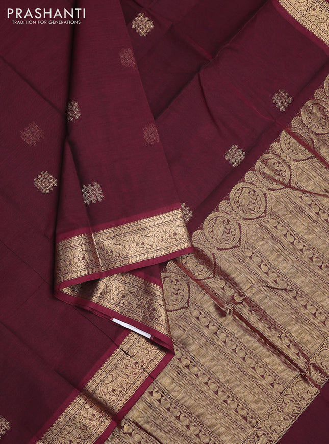 Kanchi cotton saree deep maroon with zari woven buttas and zari woven border