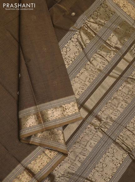 Kanchi cotton saree military green with zari woven buttas and zari woven border