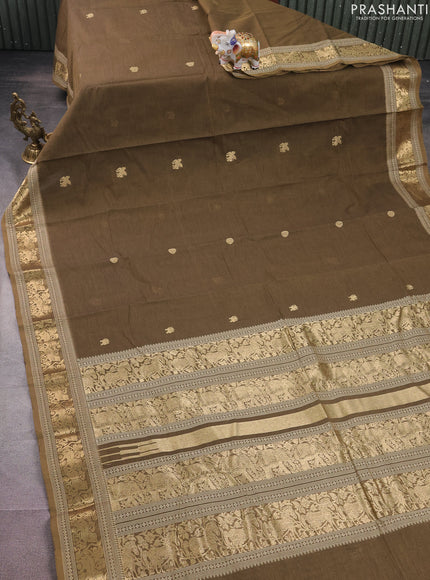 Kanchi cotton saree military green with zari woven buttas and zari woven border