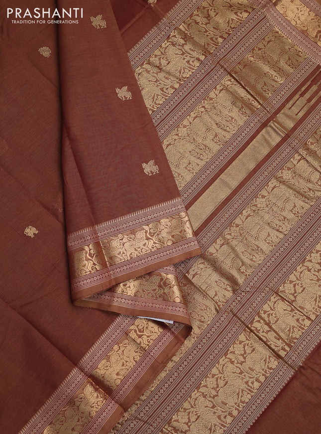 Kanchi cotton saree brown with zari woven buttas and zari woven border