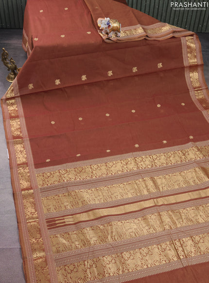 Kanchi cotton saree brown with zari woven buttas and zari woven border