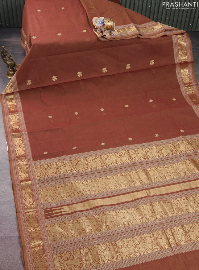 Kanchi cotton saree brown with zari woven buttas and zari woven border