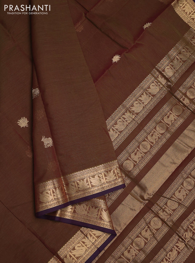 Kanchi cotton saree sap green and violet with zari woven buttas and zari woven border
