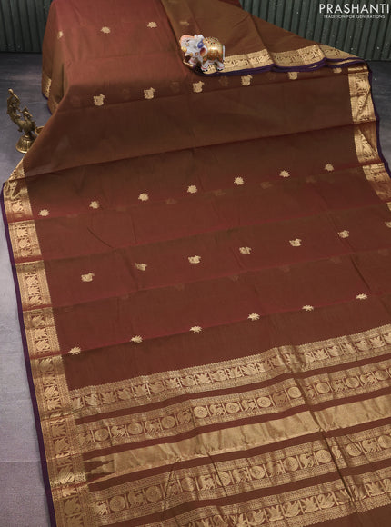 Kanchi cotton saree sap green and violet with zari woven buttas and zari woven border