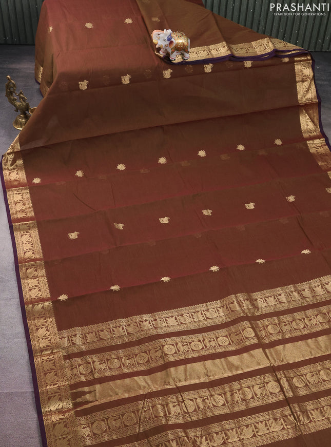 Kanchi cotton saree sap green and violet with zari woven buttas and zari woven border