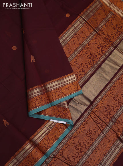 Kanchi cotton saree deep maroon and teal green shade with thread woven buttas and thread & zari woven border