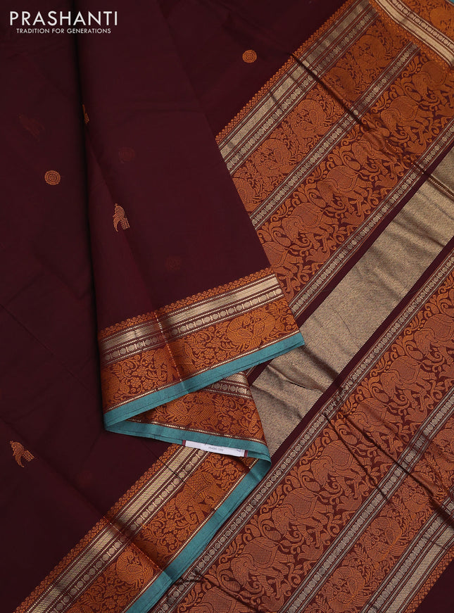 Kanchi cotton saree deep maroon and teal green shade with thread woven buttas and thread & zari woven border