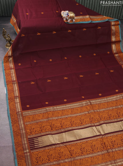 Kanchi cotton saree deep maroon and teal green shade with thread woven buttas and thread & zari woven border