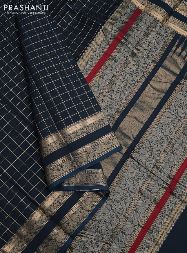 Kanchi cotton saree peacock blue with allover zari checked pattern and rettapet zari woven border