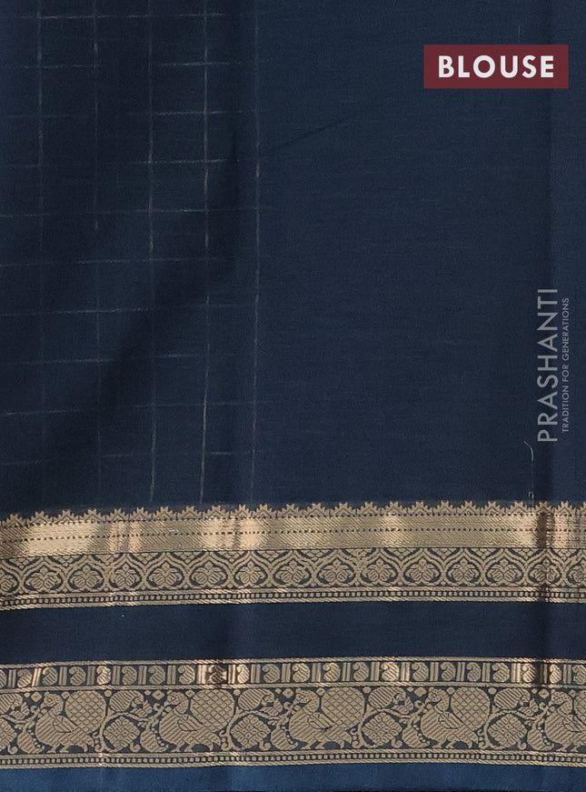 Kanchi cotton saree peacock blue with allover zari checked pattern and rettapet zari woven border