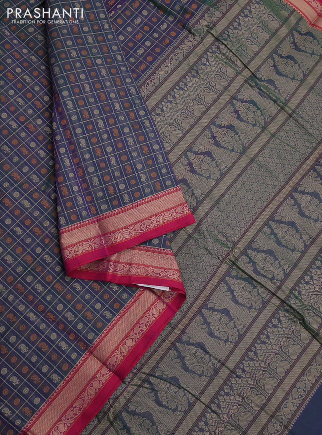 Kanchi cotton saree dual shade of bluish green and pink with allover zari checked pattern & 1000 buttas and thread woven border