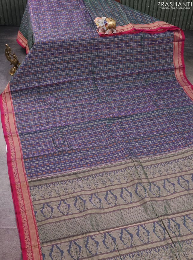 Kanchi cotton saree dual shade of bluish green and pink with allover zari checked pattern & 1000 buttas and thread woven border
