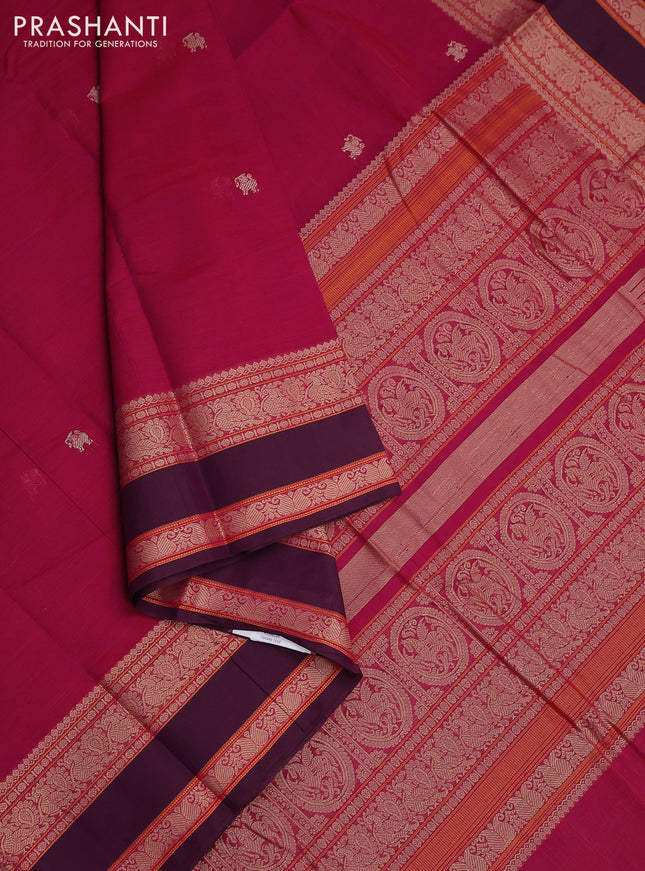 Kanchi cotton saree dark pink and wine shade with thread woven buttas and rettapet thread woven border
