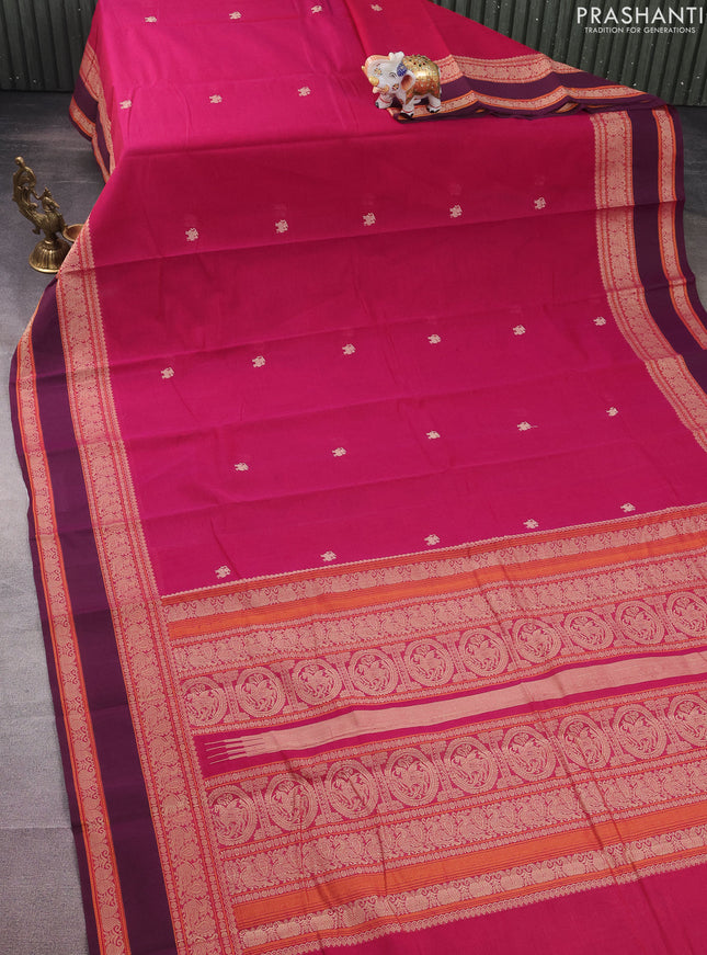 Kanchi cotton saree dark pink and wine shade with thread woven buttas and rettapet thread woven border